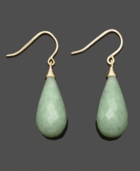 Add cool hues for a look of calm serenity. Faceted jade teardrops (10 mm x 20 mm) shine in a rich, 14k gold setting. Approximate drop: 1-6/10 inches.