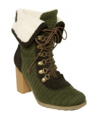 A cuddly sherpa cuff embellishment complements the cozy knit upper of Muk Luks® lace-up ankle boots. A 3-1/2 chunky heel adds fashionable flair to the overall rustic look.