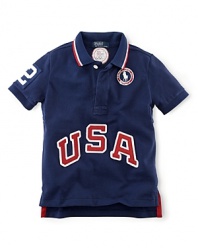 This breathable cotton mesh polo celebrates Team USA's participation in the 2012 Olympics with bold graphics and embroidery.
