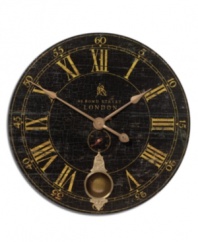As fashionable as Bond Street in old London, this wall clock by Uttermost is a study in refined sophistication. Crackled black clock face with antique gold lettering and brass accents make this masculine clock an ideal accessory for the home office or study.