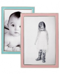 Sweet memories. Trimmed in polished silver plate, Tizo's enamel picture frame displays adorable photos with kid-friendly color and shine.