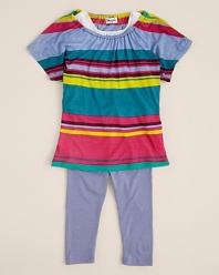 Bold, colorful stripes fight for your attention on this loose-fitting tunic from Splendid Littles. Tamed by a sold cropped legging, you're looking at a lovely warm-weather look for your little gal.