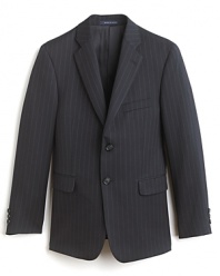 Dress him up in a sophisticated and chic suit. A pinstripe jacket with three button front. Notched lapel with slit pocket on left side. Three faux button closures at cuffs. Flap side pockets and three inside pockets. Pair it with the Gram pants for the ultimate look.