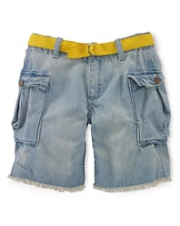 The cool cargo short is rendered in durable denim for a rugged look.