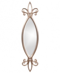 Because of its elongated fleur-de-lis shape, Howard Elliott's Hillary mirror is ideal for the entryway for that final check before leaving home. However, you can place it on any wall where you want to introduce a touch of femininity. Available in silver (shown) and black.