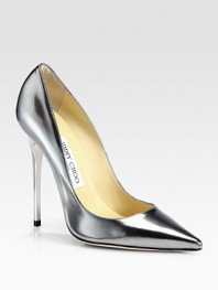 This party-perfect silhouette of shiny metallic leather has vintage flair with a tall lacquered heel and classic point toe. Lacquered heel, 5 (125mm)Metallic leather upperPoint toeLeather lining and solePadded insoleMade in Italy