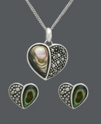 Sparkle inspired by the sea. Pair your ensemble with this matching Genevieve & Grace jewelry set. Heart-shaped pendant and stud earrings feature a half and half design with shimmery abalone shells and glittering marcasite. Set in sterling silver. Approximate necklace length: 18 inches. Approximate pendant drop: 3/4 inch. Approximate earring diameter: 5/16 inch.