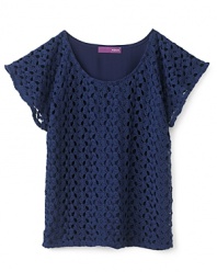 Hippie chic for your free spirit, this lightweight top features crocheted lace and dolman short sleeves.