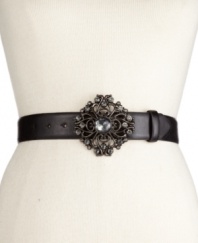 Make a unique statement with this vintage-inspired plaque belt from Style&co. Crafted of sleek faux-leather and topped with a scrolling metal buckle with luminous embellishments.