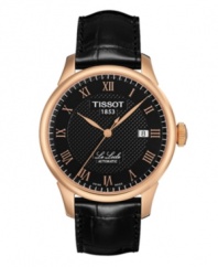 Elegance embodied in a sleek design, by Tissot. The Le Locle watch is crafted of black leather strap and round rose-gold PVD plated stainless steel case. Black dial with textured inner dial features rose-gold tone applied Roman numerals, minute track, rose-gold tone three hands, date window at three o'clock and logo at twelve o'clock. Swiss automatic movement. Water resistant to 30 meters. Two-year limited warranty.