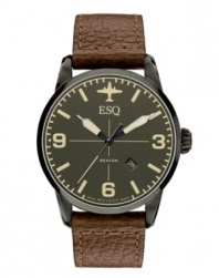 A vintage take on a classic look: an aviation-inspired timepiece from ESQ by Movado. Crafted of dark brown distressed leather strap and round gray PVD-finished stainless steel case. Black aviation-inspired dial with applied stick indices, numerals at three, six and nine o'clock, date window at four o'clock, three hands and plane logo at twelve o'clock. Swiss quartz movement. Water resistant to 50 meters. Two-year limited warranty.