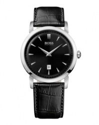 Definitive style that never goes off-trend, by Hugo Boss. Watch crafted of black croc-embossed leather strap and round stainless steel case. Black dial features applied silver tone stick indices, minute track, date window at six o'clock, silver tone hour and minute hands and logo at twelve o'clock. Quartz movement. Water resistant to 30 meters. Two-year limited warranty.