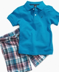 What a pro. He'll look like he's ready to hit the links in this adorable polo shirt and plaid short set from Nautica.