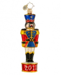 Doing his holiday duty, this colorful Toy Soldier ornament stands on a dated 2011 drum, filling your tree with timeless merriment. Handcrafted by Christopher Radko. (Clearance)