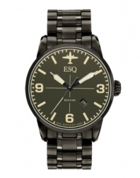 Soar with precision with this dusky watch from ESQ by Movado. Crafted of dark gray PVD-finished stainless steel bracelet and round case. Aviation-inspired dial with applied stick indices, numerals at three, six and nine o'clock, date window at four o'clock, three hands and plane logo at twelve o'clock. Swiss quartz movement. Water resistant to 50 meters. Two-year limited warranty.