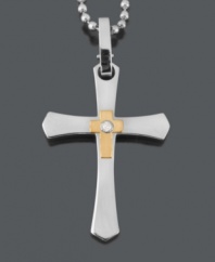 Let your faith shine in symbolic style. Cross pendant features a flair edge design and matching bead chain. Crafted in stainless steel with 14k gold center and a round-cut diamond accent. Approximate length: 24 inches. Approximate drop width: 1-1/10 inches. Approximate drop length: 1-13/20 inches.