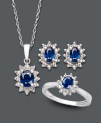 Let style reign supreme in this royalty-inspired jewelry set. Includes a matching pendant, stud earrings and ring each decorated by oval-cut sapphires (1-1/2 ct. t.w.) encircled by sparkling diamonds (1/3 ct. t.w.). Set in sterling silver. Approximate necklace length: 18 inches. Approximate pendant drop: 1/2 inch. Approximate earring diameter: 1/4 inches. Ring size 7.