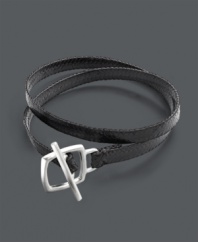 Wrap bracelets are the hottest trend of the season. With its versatile black color, this Studio Silver style is sure to complement all your favorite fashions. Bracelet features a synthetic python band that wraps twice around the wrist. Square toggle clasp crafted in sterling silver. Approximate length: 7-1/2 inches.