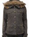 Juniors Wool Faux Fur Trim Hooded Coat