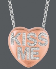 Pucker up! Sweethearts' adorable heart-shaped pendant expresses more that just great style with the words KISS ME written in round-cut diamonds (1/6 ct. t.w.) across the surface. Pendant crafted in 14k rose gold over sterling silver and sterling silver. Copyright © 2011 New England Confectionery Company. Approximate length: 16 inches + 2-inch extender. Approximate drop: 5/8 inch.