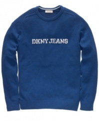 Your mission is simple. This DKNY Jeans sweater has a straightforward military-style logo for easy casual style.