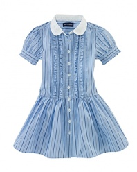 The classic shirtdress is rendered in lightweight cotton poplin and updated with a pretty stripe and pintuck detailing.
