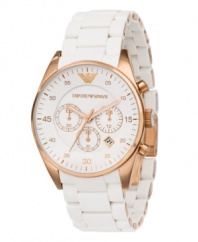 Look on the bright side. Radiant watch by Emporio Armani crafted of rose-gold-plated stainless steel bracelet wrapped in white silicone and round case. White chronograph dial features rose-gold tone numerals and minute track, three subdials, date window and logo at twelve o'clock. Quartz movement. Water resistant to 50 meters. Two-year limited warranty.