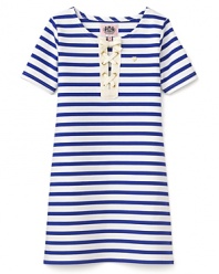 Nautical stripes and lace-up placket add a classic preppy appeal to this short sleeve dress from Juicy Couture.