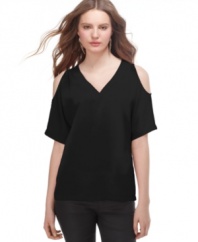 Shoulder cutouts add eye-catching appeal to this Rachel Rachel Roy blouse -- an edgy update to a simple staple!