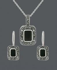 The building blocks of style in one sweet, matching set. Genevieve & Grace jewelry features rectangular onyx gemstones (8 mm x 5 mm and 6 mm x 4 mm) that stand out against a glittering marcasite frame. Crafted in sterling silver. Approximate necklace length: 18 inches. Approximate pendant drop: 15/16 inch. Approximate earring drop: 15/16 inch.