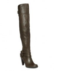 Mixed message: Leather combines with suede in GUESS' stylish Sawyer over-the-knee boots. In black leather with non-adjustable buckle detailing, a stacked heel and zipper enclosure.