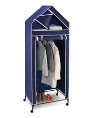 Create a closet! Your dream come true–more space to spread out your wardrobe and let your garments breathe. Instantly storage space is yours with this portable closet, an incredible addition to any room with rollers for easy transport, built-in shelf space and a breathable fabric covering that protects your clothes. Limited lifetime warranty.