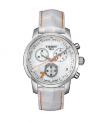 Sport performance meets feminine style with this limited edition Danica Patrick collection watch by Tissot. PRC 200 timepiece crafted of white leather strap and round stainless steel case. Mother-of-pearl chronograph dial features 20 diamond accent dot markers, tachymeter scale at outer rim, orange numeral at seven o'clock, minute track, date window at four o'clock, luminous hour and minute hands, orange second hand, three subdials and logo at twelve o'clock. Swiss quartz movement. Water resistant to 200 meters. Two-year limited warranty.