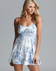 An elegant flowy chemise with scroll/floral print and sheer lace empire waist.