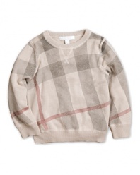 Burberry takes a new slant on a mainstay, rending the signature check print on this crewneck sweater big, bold and diagonal.