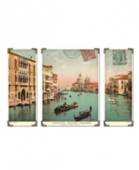 Wish you were here. The grandeur and romance of Venice and its canals are captured in this 3 piece wall art styled like an antique postcard, complete with old Italian stamps and post marks.