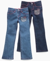 Glam up the every day with a her favorite furry character and a little bit of sparkle with these rhinestone-studded jeans from Hello Kitty. (Clearance)