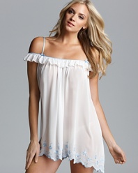 Off the shoulder sleeves and floral embroidery add a charming touch to this flowing chemise from In Bloom by Jonquil.