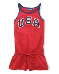 A preppy, all-American look for your budding athlete, this warm-weather tank romper lets her support Team USA as she runs, jumps and climbs.