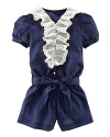 A stylish romper rendered in Swiss-dotted cotton is accented with ruffled lace and a sash for the perfect summer ensemble.