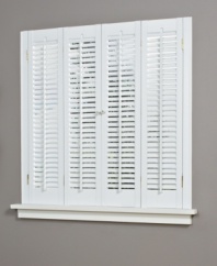 Dress up your windows with the Colonial faux wood shutter. An effortless way to add classic style to any space, it features slim slats which allow for just the right amount of filtered light and a convenient hook latch to keep two shutters closed.