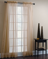 Adorn your windows with sheer enchantment. The Sheer Mist window panels feature glimmering hints of golden threads running vertically throughout. Perfect as a beautiful under layer or alone for an airy look.