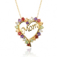 Yellow Gold Plated Sterling Silver Multi-Gemstone Mom Heart Pendant Necklace, 18