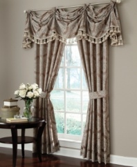 Present any room with the soothing, gorgeous drape of the Confessions window panel. An ivory damask floral is set upon taupe gray for luxurious style that coordinates with any neutral room decor.