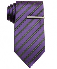 In a clean, classic stripe, this tie from Alfani adds a bright note to any dark suit.