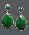 Get ready for a fiesta. These head-turning earrings features teardrop-shaped dyed-green corundum sapphires (65 ct. t.w.) surrounded by round-cut diamonds (3/4 c.t. t.w.). Set in 14k gold. Stones are from Brazil.