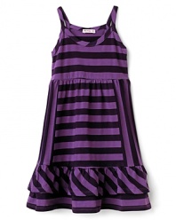 Mixed stripes and ruffles update a summer sleeveless dress from Little Ella Girls.