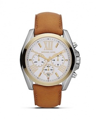 An elegant choice on duty or off. This two-tone watch from MICHAEL Michael Kors boasts a boldly sized face, roman numeral indexes and a handsome leather strap.
