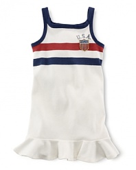 In celebration of Team USA's participation in the 2012 Olympics, a sporty ruffled dress features red, white and blue stripes and an embroidered flag patch for heritage flair.
