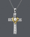 Hold faith close to your heart. This intricate cross pendant features a cultured freshwater pearl (4mm) with channel-set diamond accents. Crafted in sterling silver with a 14k gold heart accent. Approximate length: 18 inches. Approximate drop: 1-1/10 inches.
